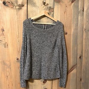 American Eagle S Grey Marled Waffle Knit Zip Back Long Sleeve Crew Neck Sweater